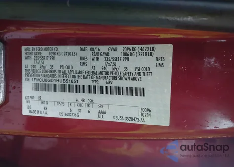 2017 Ford Escape Se z USA, uszkodzony, nr VIN 1FMCU0GD1HUB51651